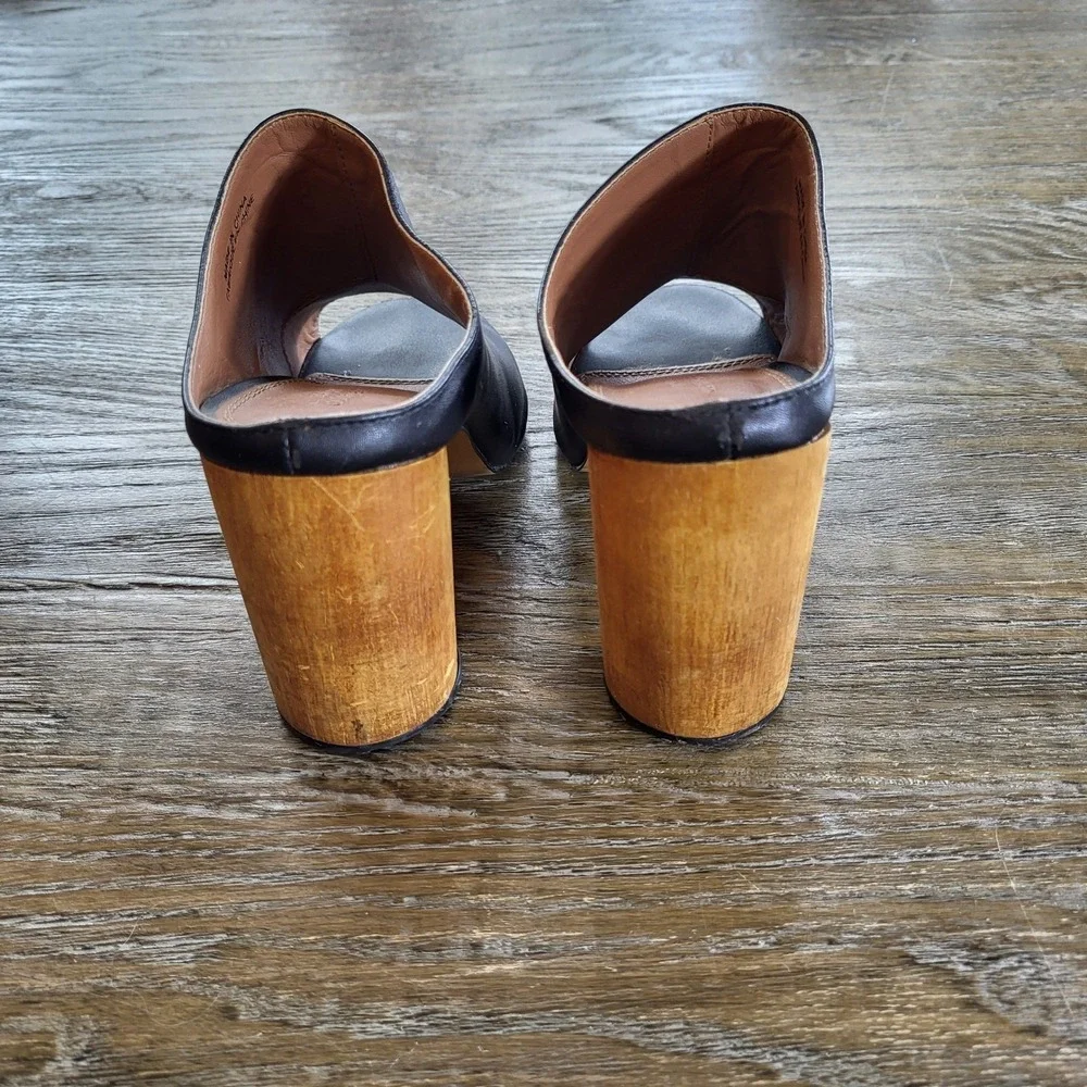 Urban Outfitters Black Leather Peep Toe Mules Chunky Wood Block Heel Sandals 8